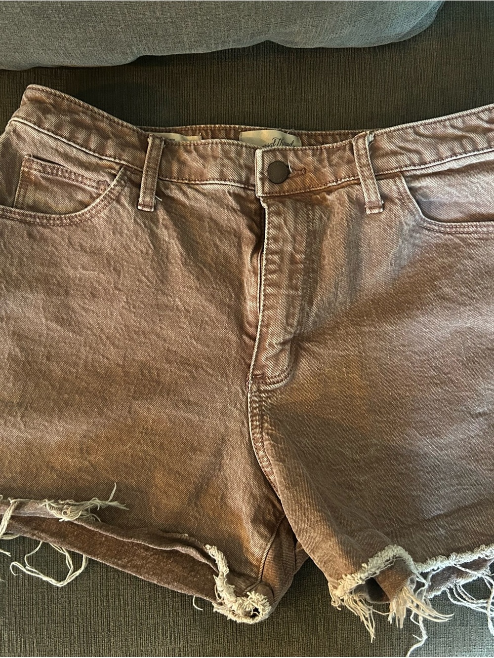 Distressed High-Waist Denim Shorts - brown maroon color